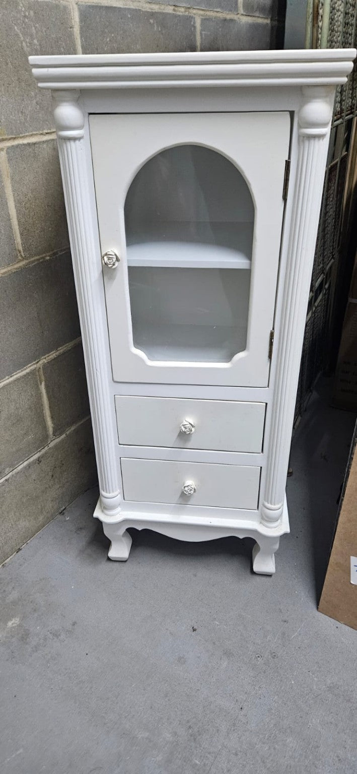 Front view white glazed two-drawer display cabinet with rose handles