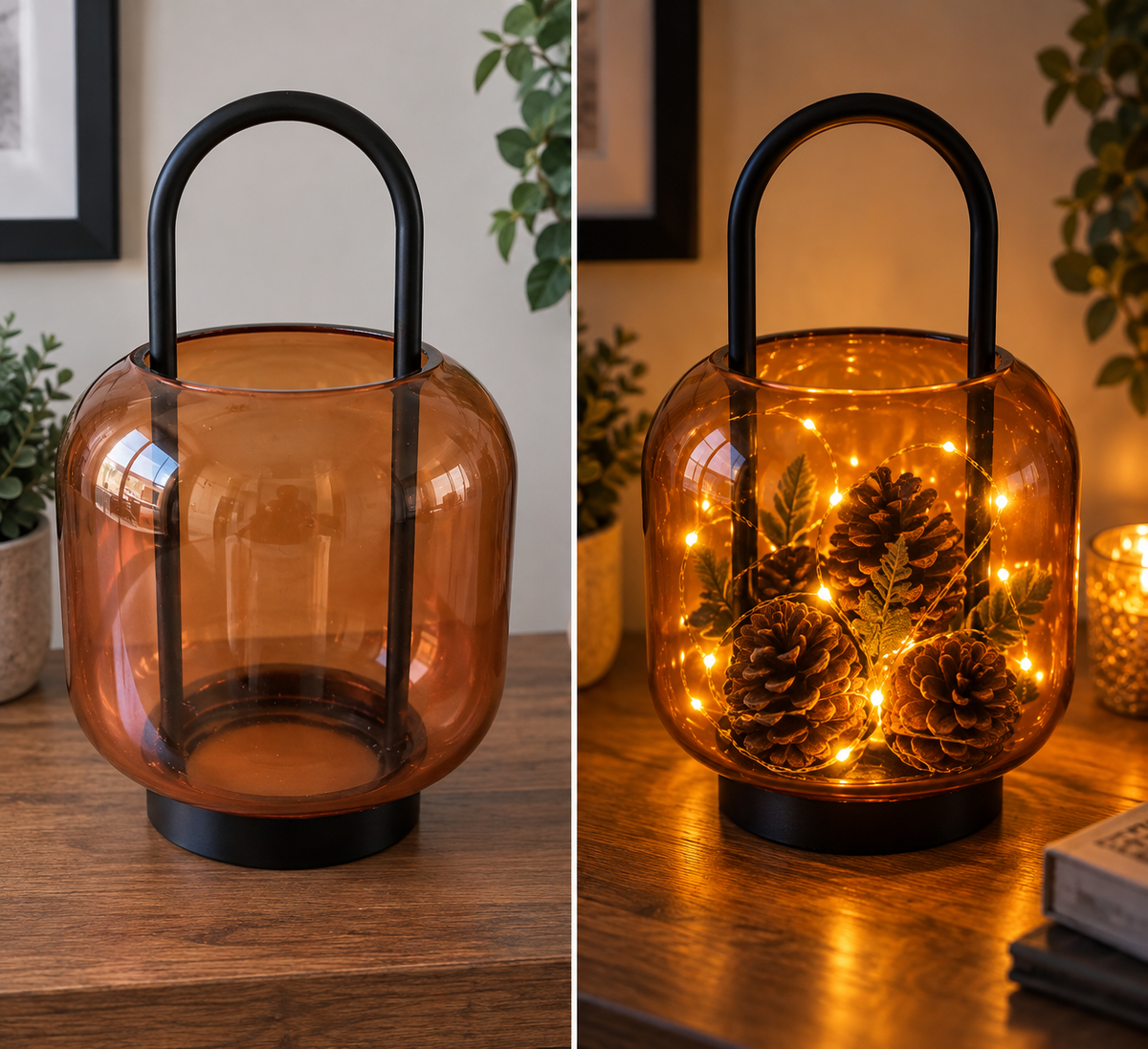 Amber glass decorative lantern with black metal handle, shown plain and styled with warm fairy lights