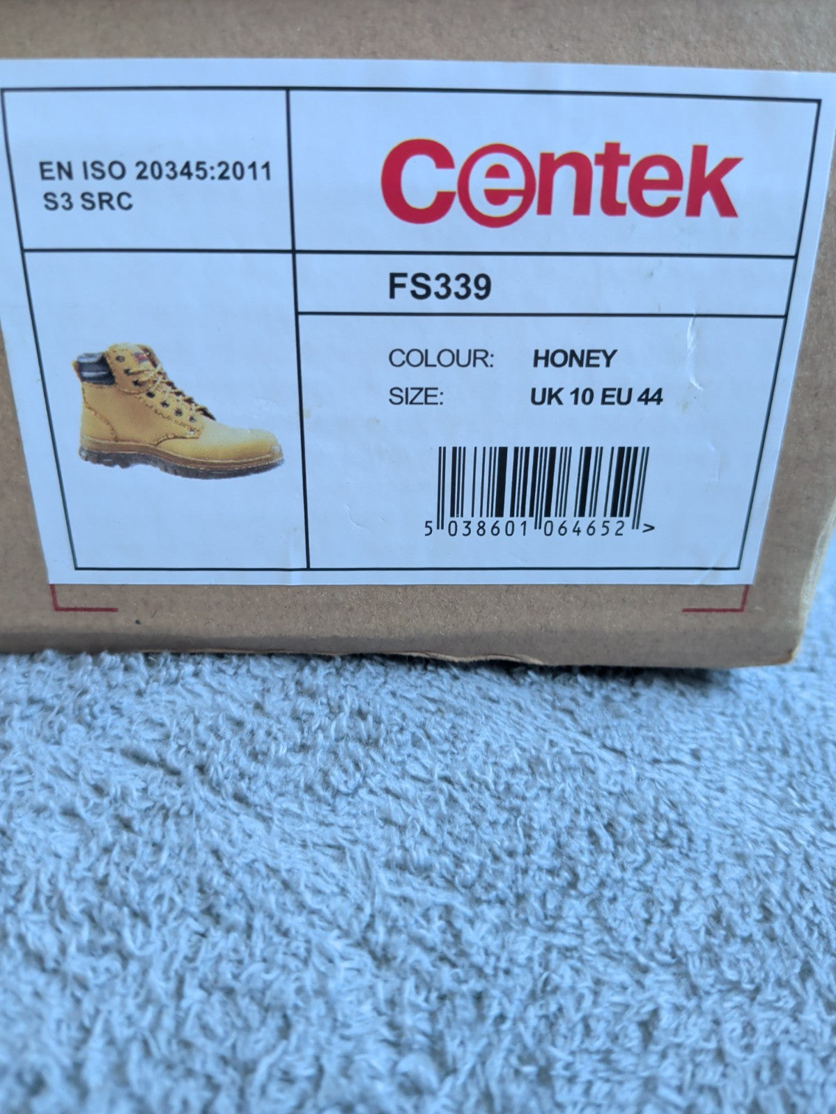 Centek FS339 honey safety boots UK size 10 EU 44 box label