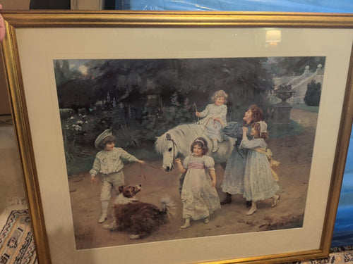 Actual framed reproduction print of children with pony and collie in gold frame