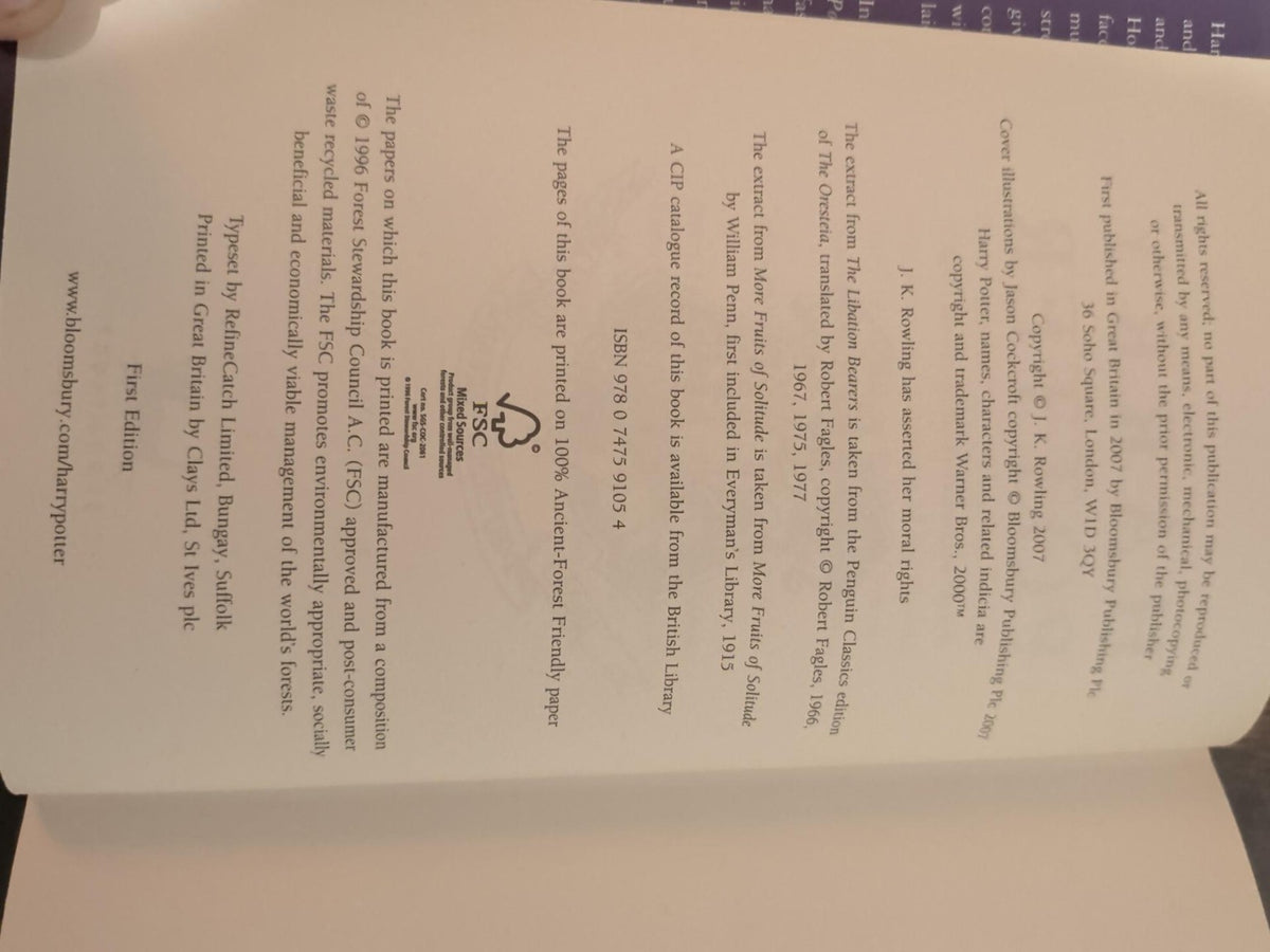 Deathly Hallows 2007 Bloomsbury First Edition copyright page