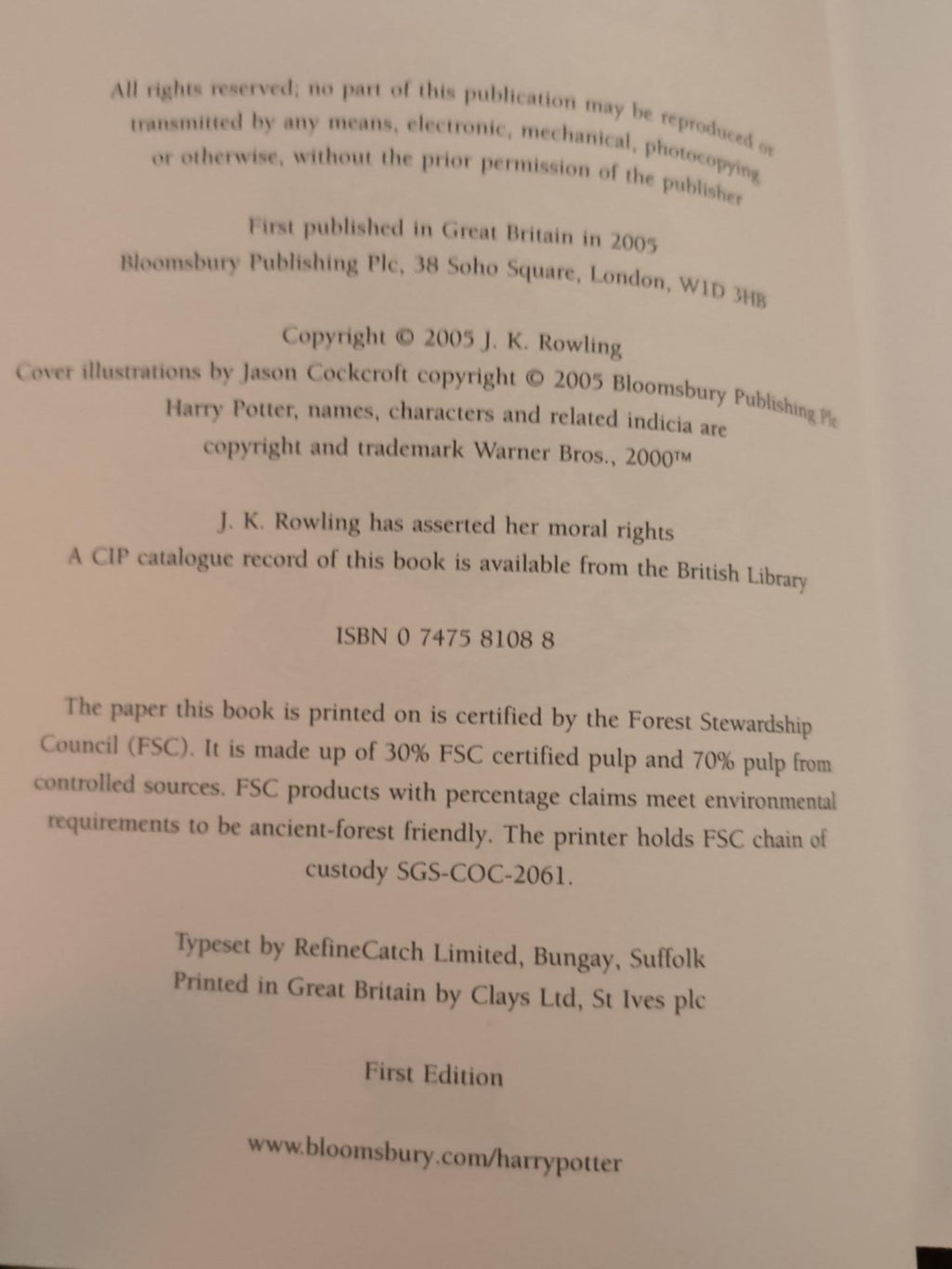 Half-Blood Prince 2005 Bloomsbury First Edition copyright page