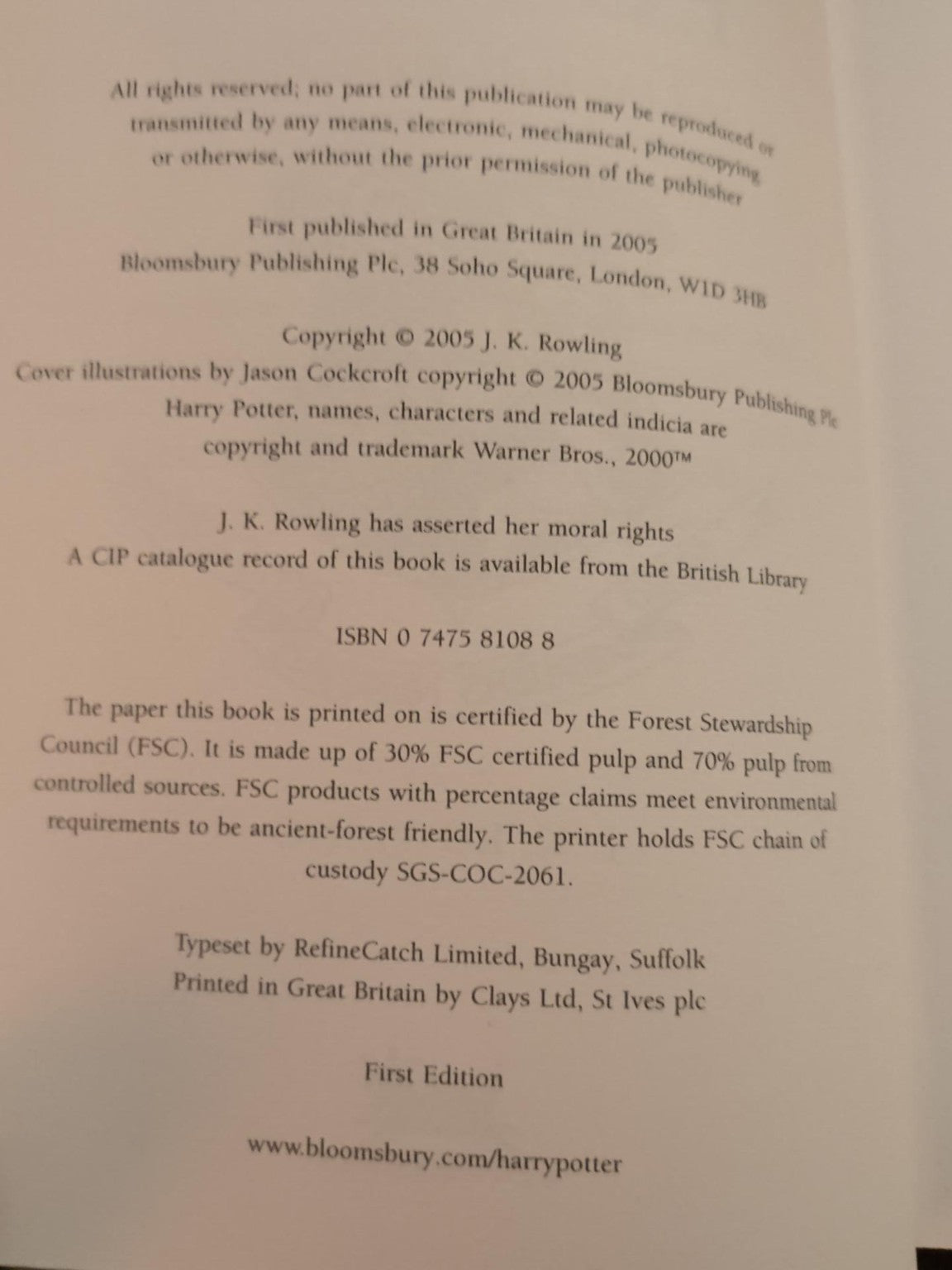 Half-Blood Prince 2005 Bloomsbury First Edition copyright page