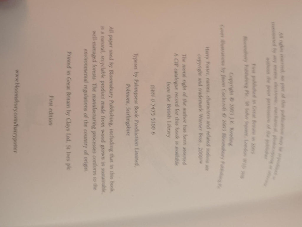 Order of the Phoenix 2003 Bloomsbury First Edition copyright page