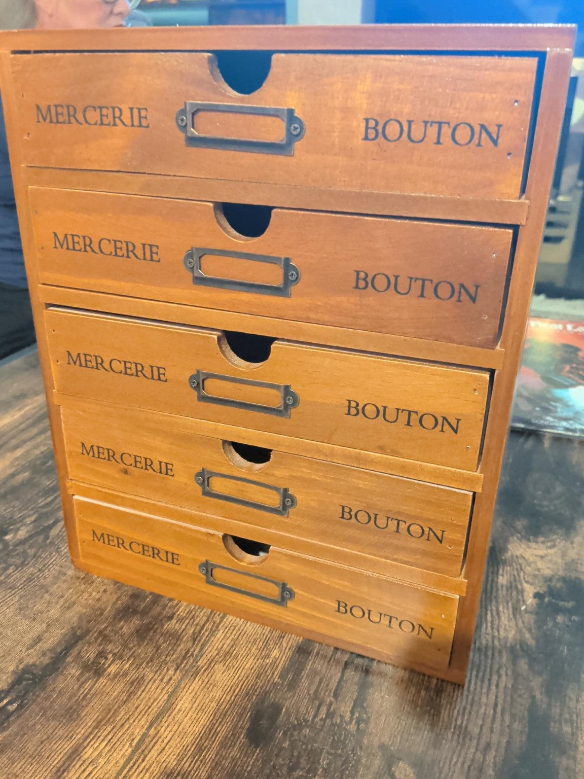 Life Ideas five drawer wooden Mercerie Bouton storage chest
