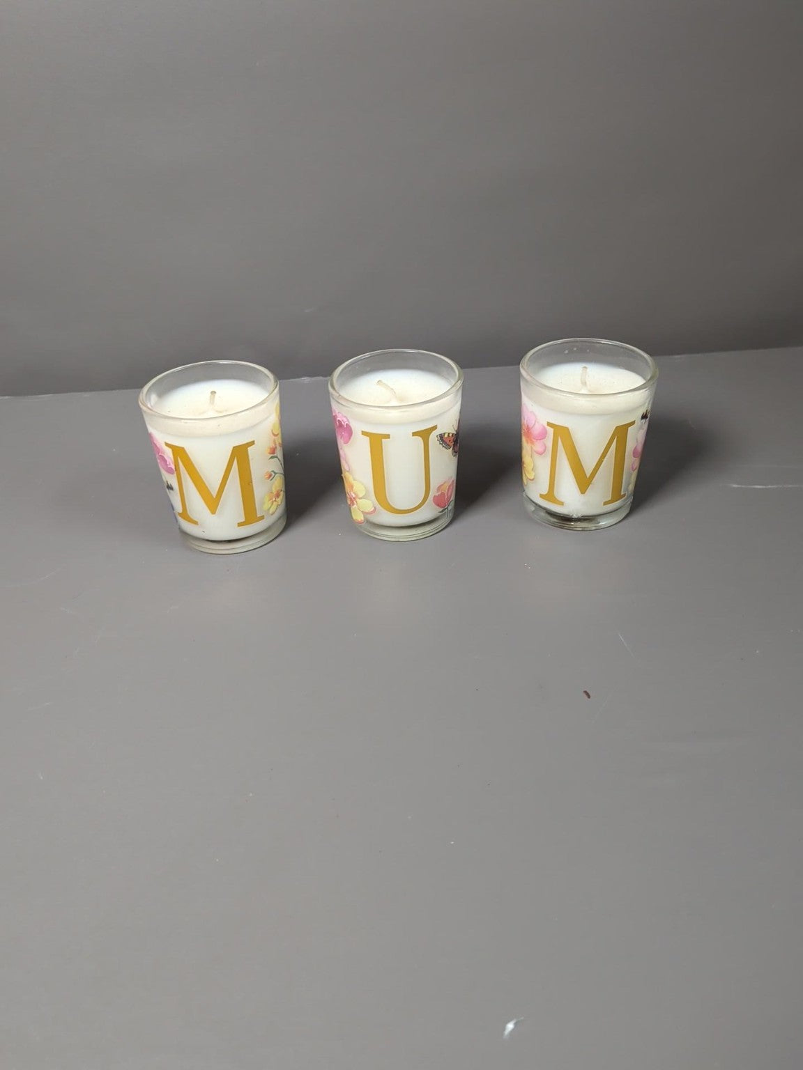 Set of three MUM floral glass votive candles