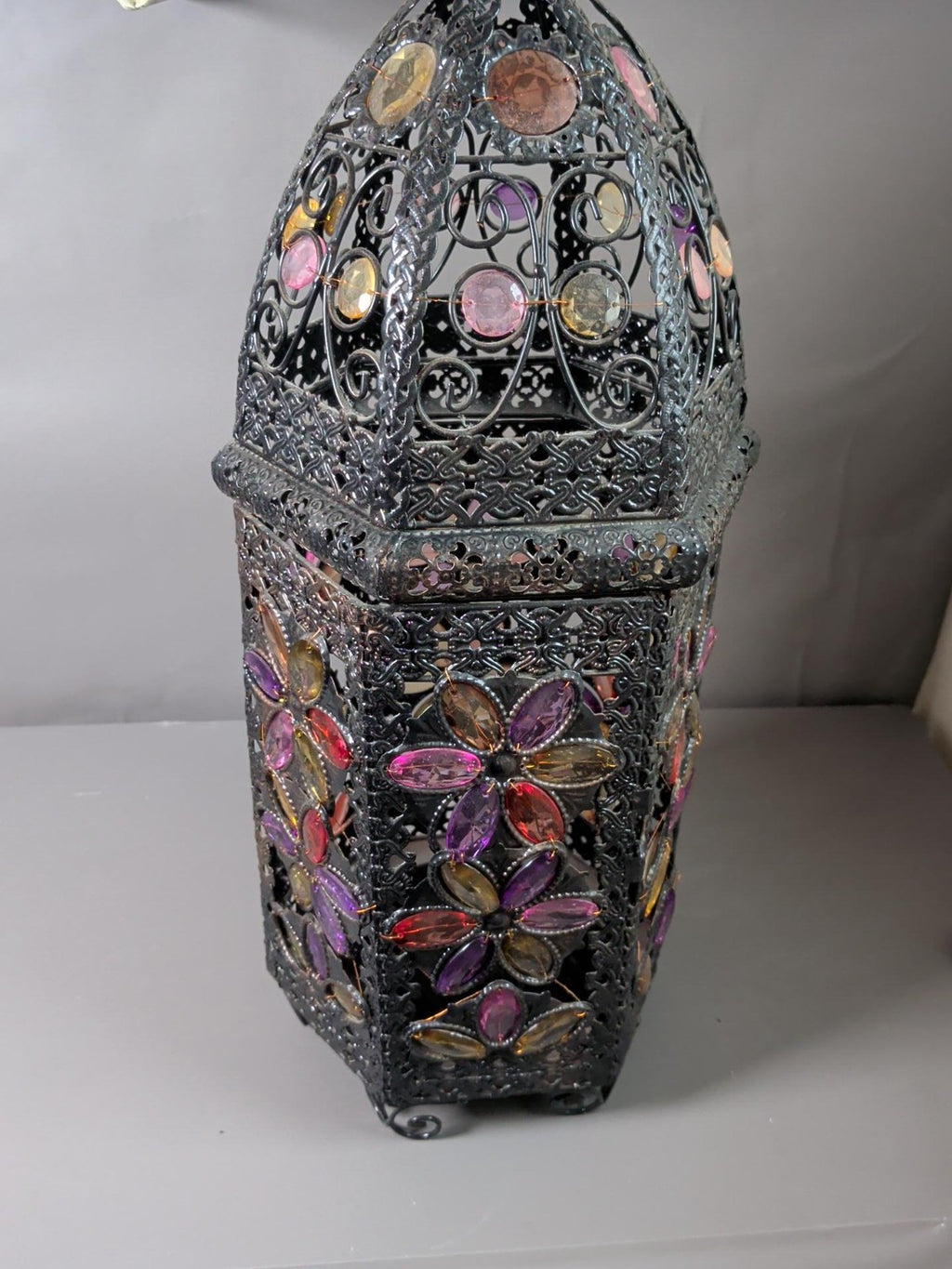 Ornate jeweled filigree metal hanging lantern