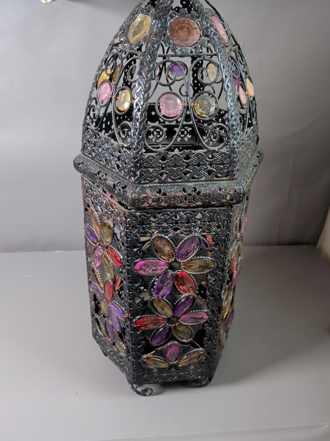 Ornate jeweled filigree metal hanging lantern