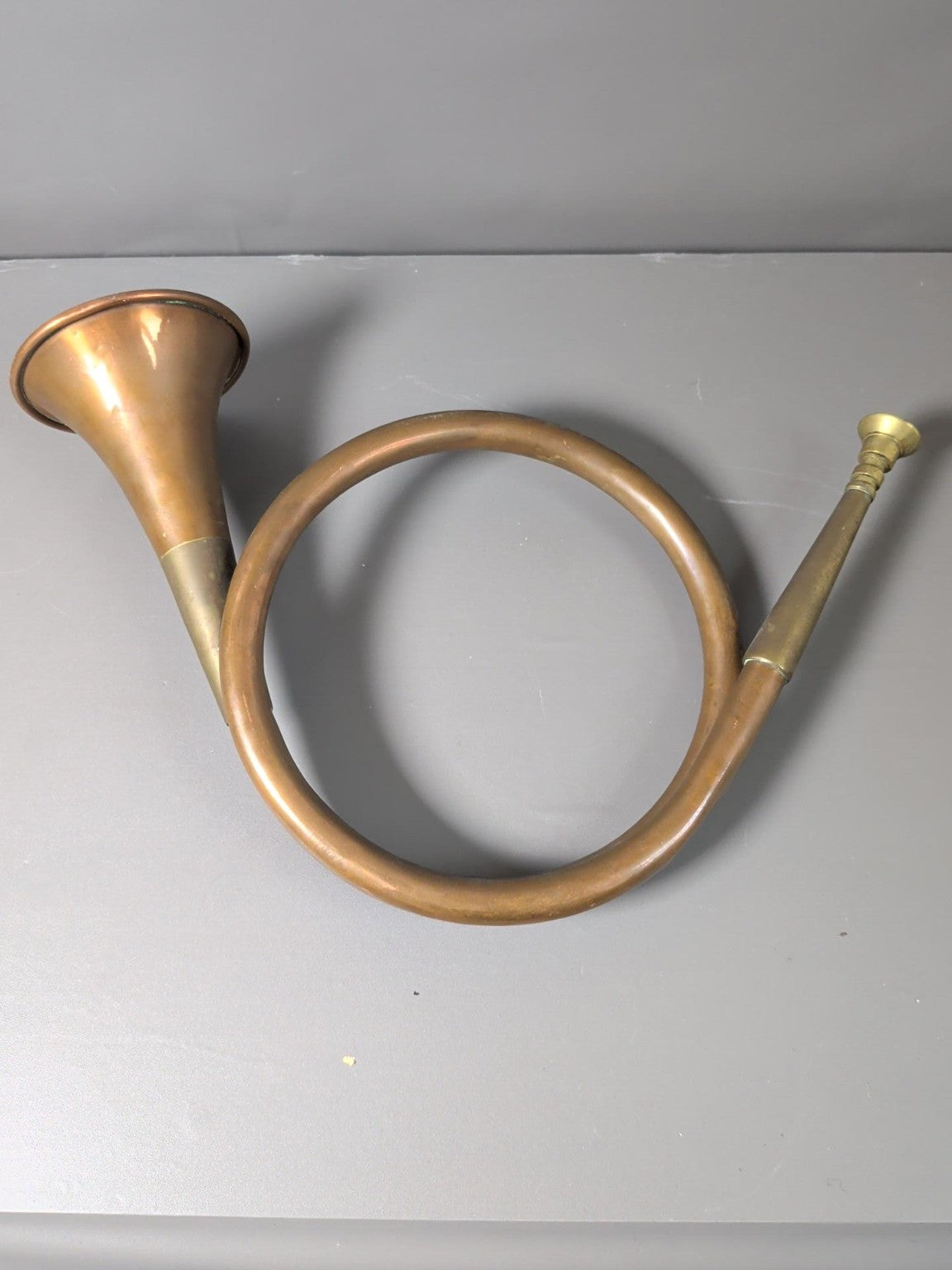 Unmarked vintage coiled brass and copper hunting coach horn