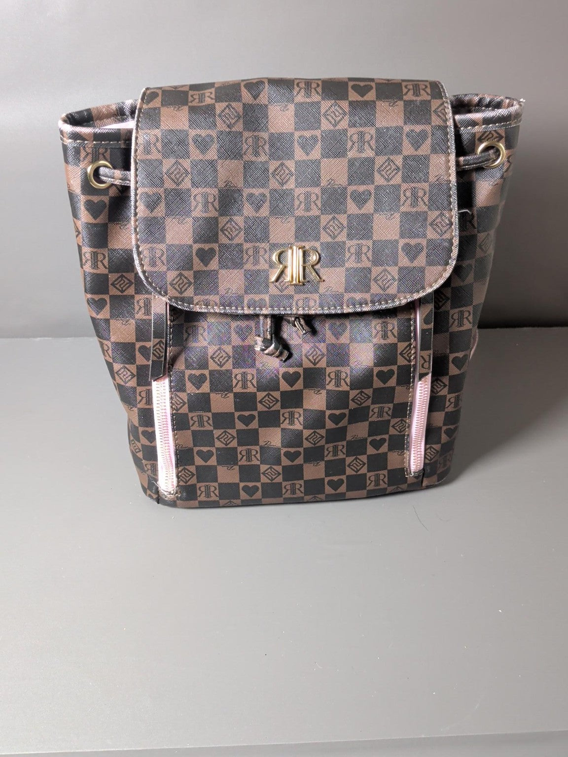 River Island Brown RR Monogram Check Backpack