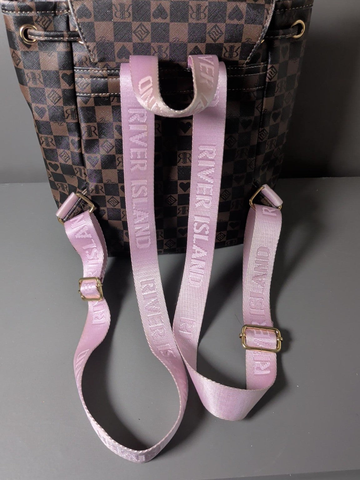 River Island Brown RR Monogram Check Backpack