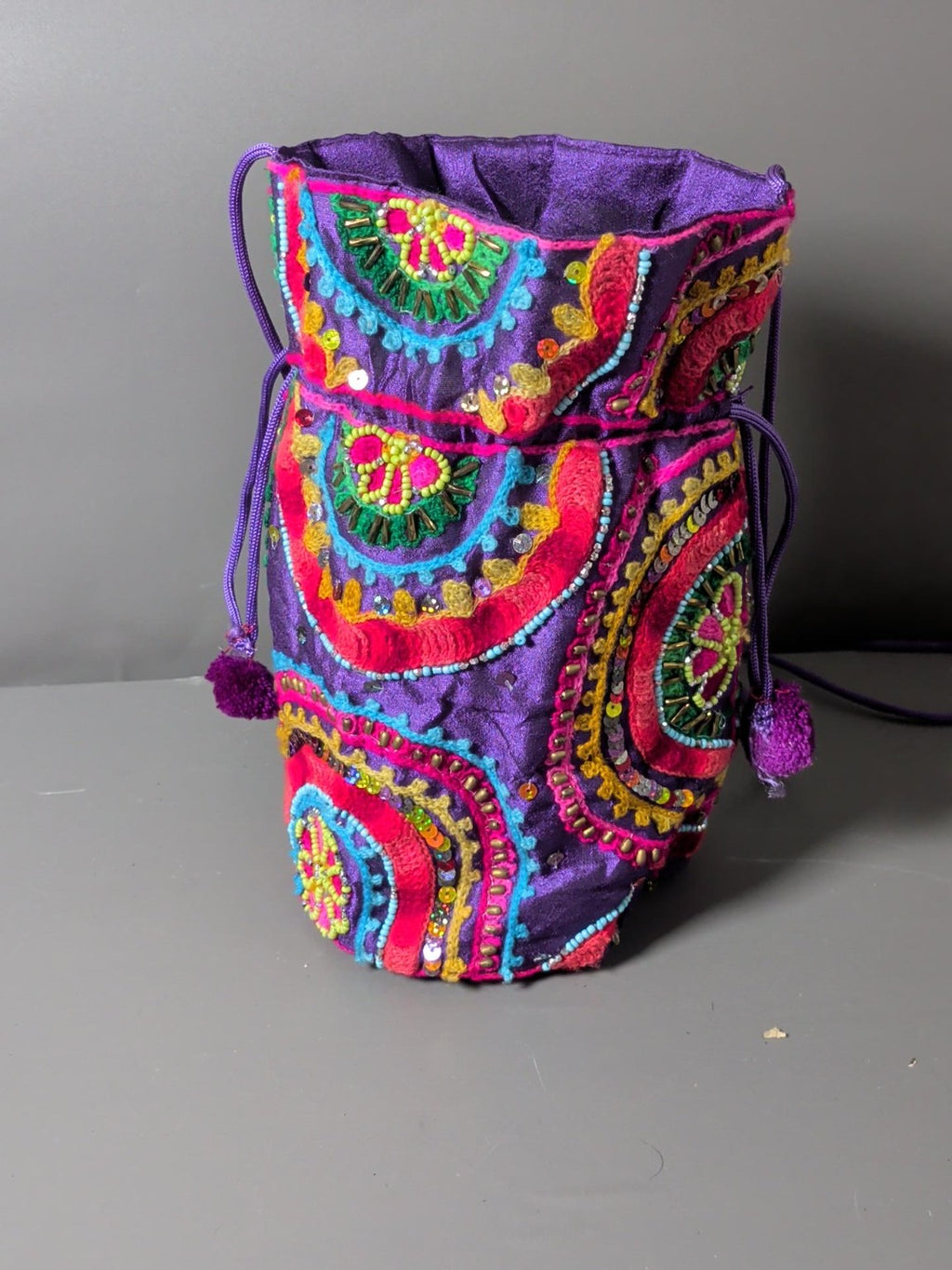 Colourful Embroidered & Beaded Boho Drawstring Bag
