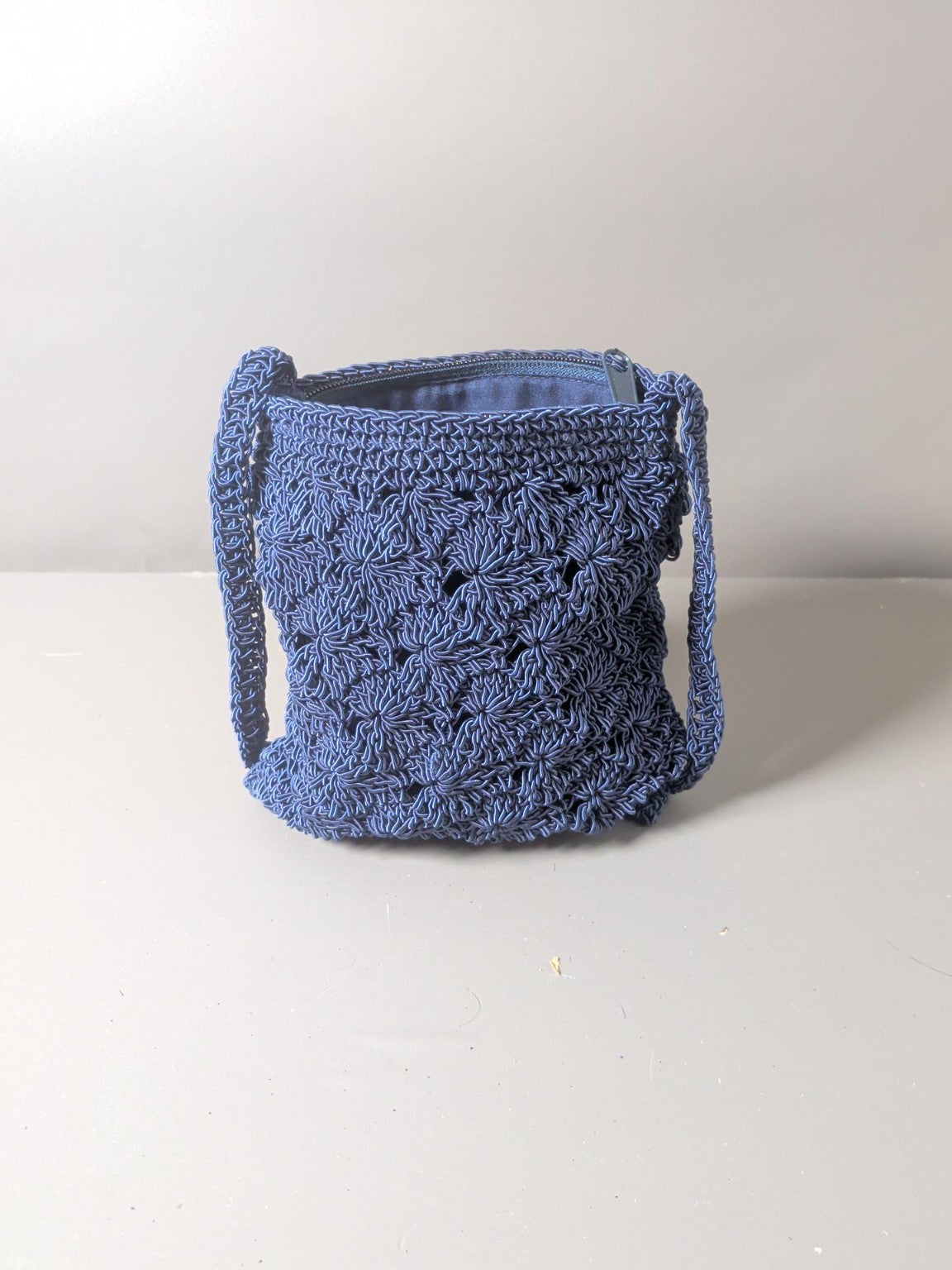 Navy Blue Crochet Floral Shoulder Bag – Zip Top