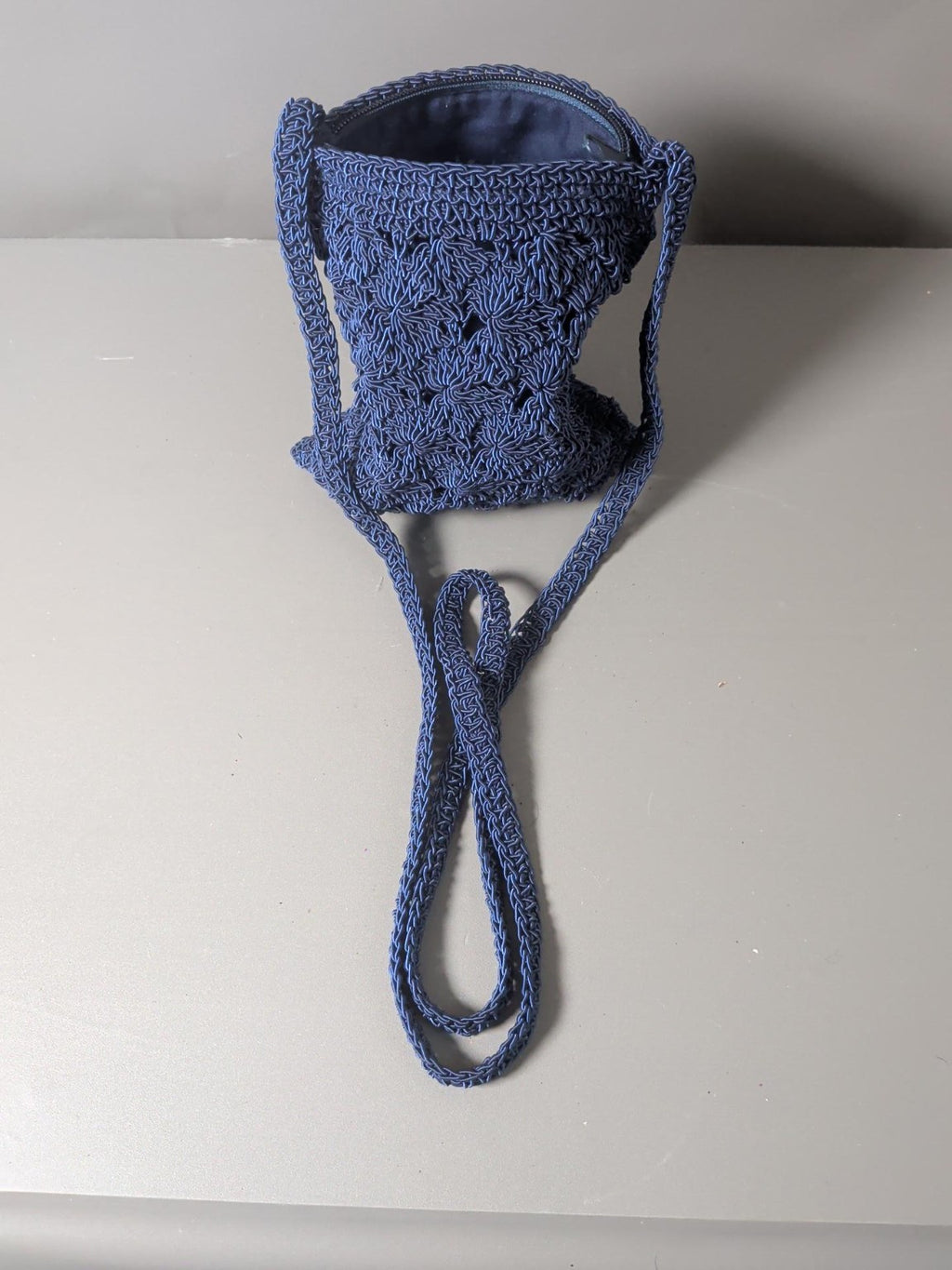 Navy Blue Crochet Floral Shoulder Bag – Zip Top
