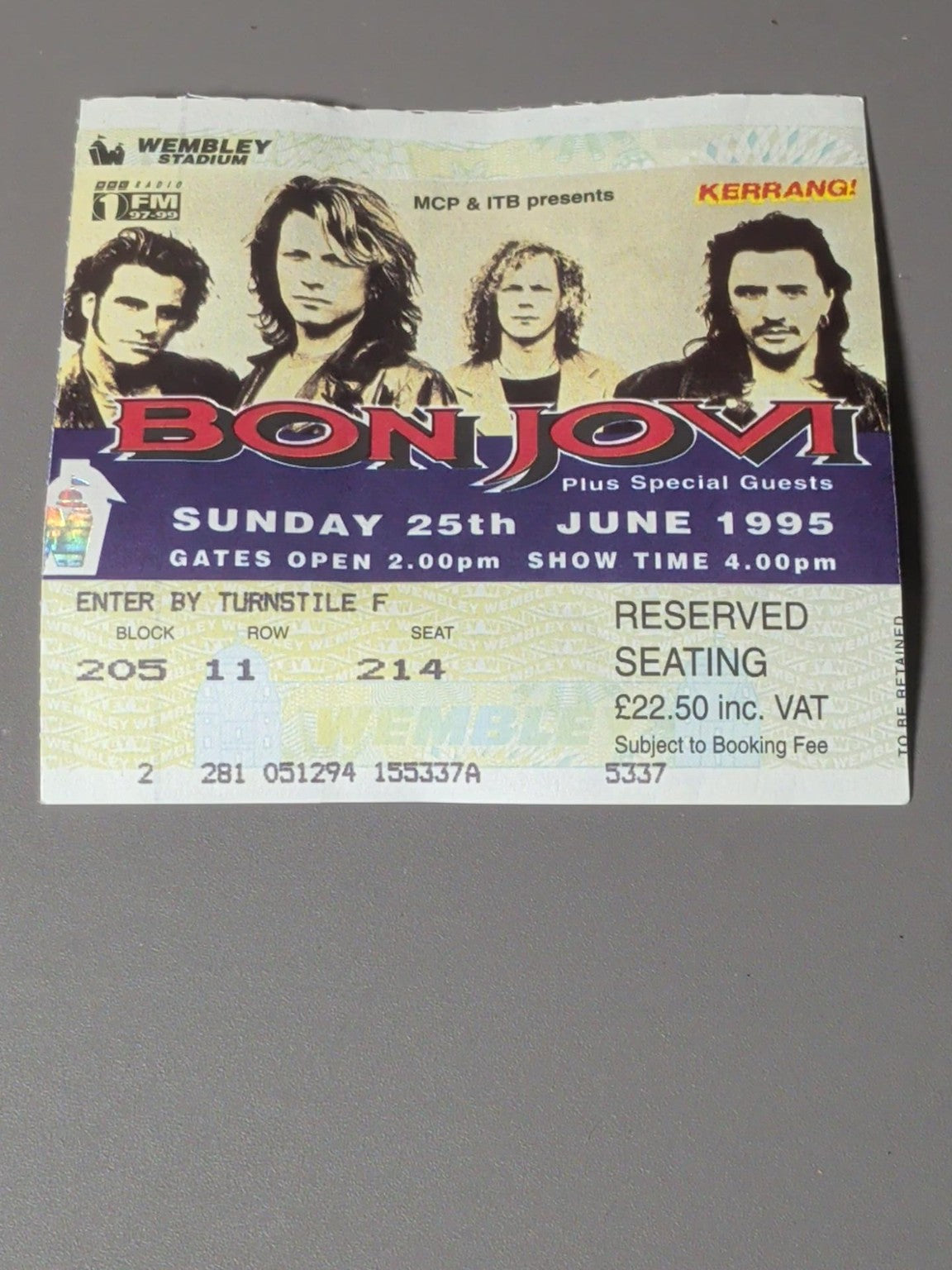 Original Bon Jovi Wembley Stadium Concert Ticket – 25 June 1995