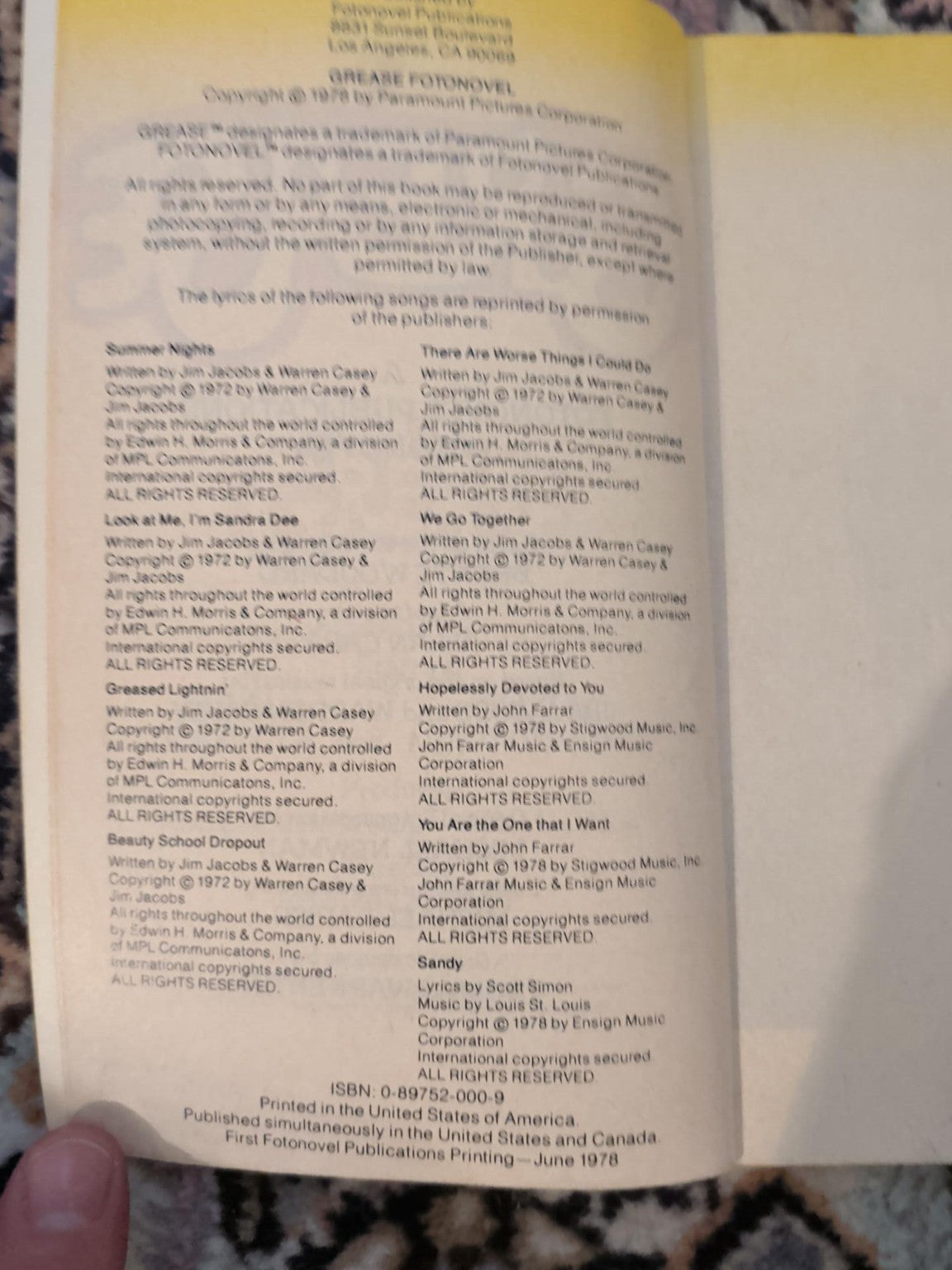 Grease Fotonovel first printing June 1978 copyright page