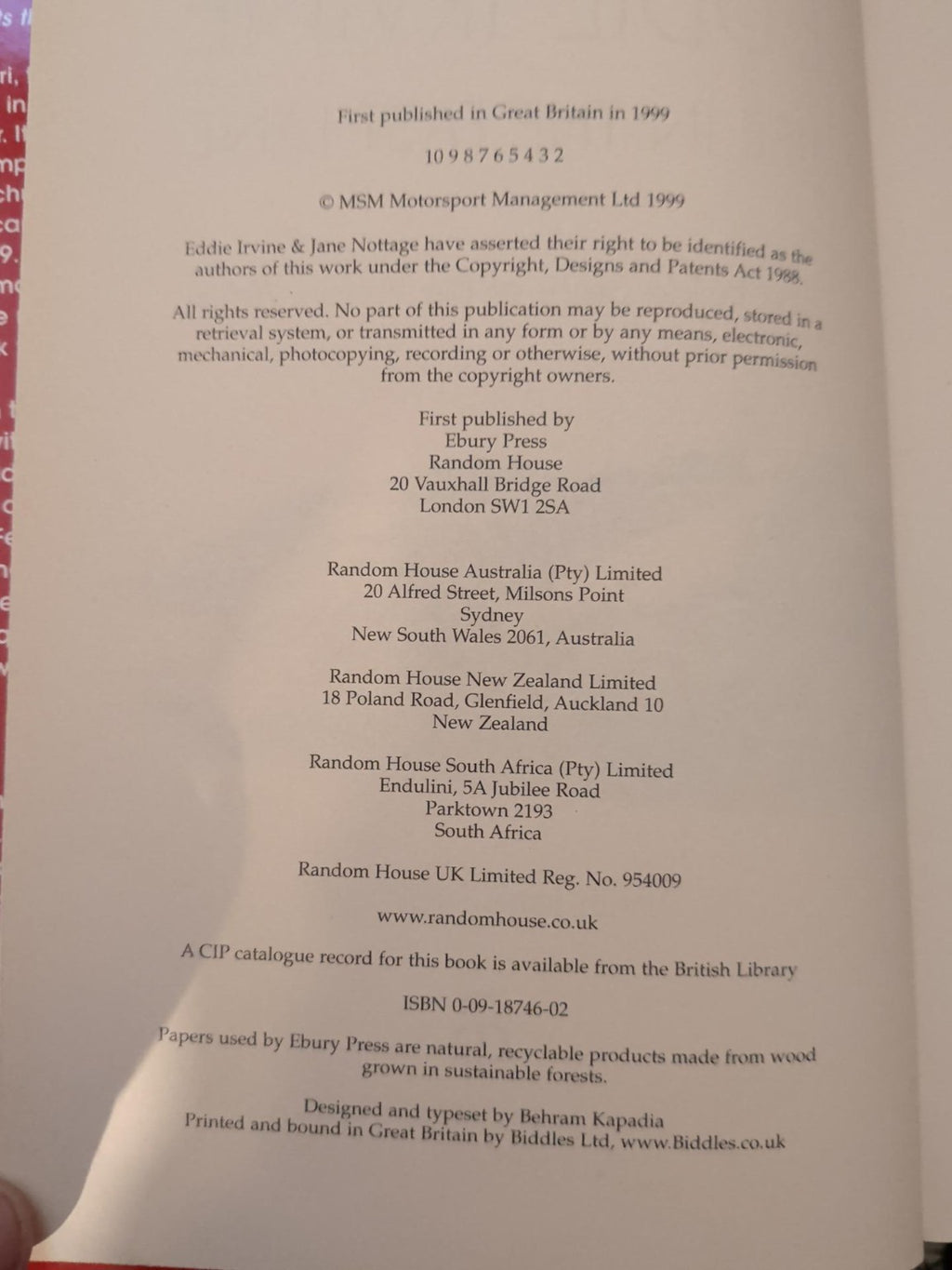 Eddie Irvine Life in the Fast Lane copyright page second impression 1999