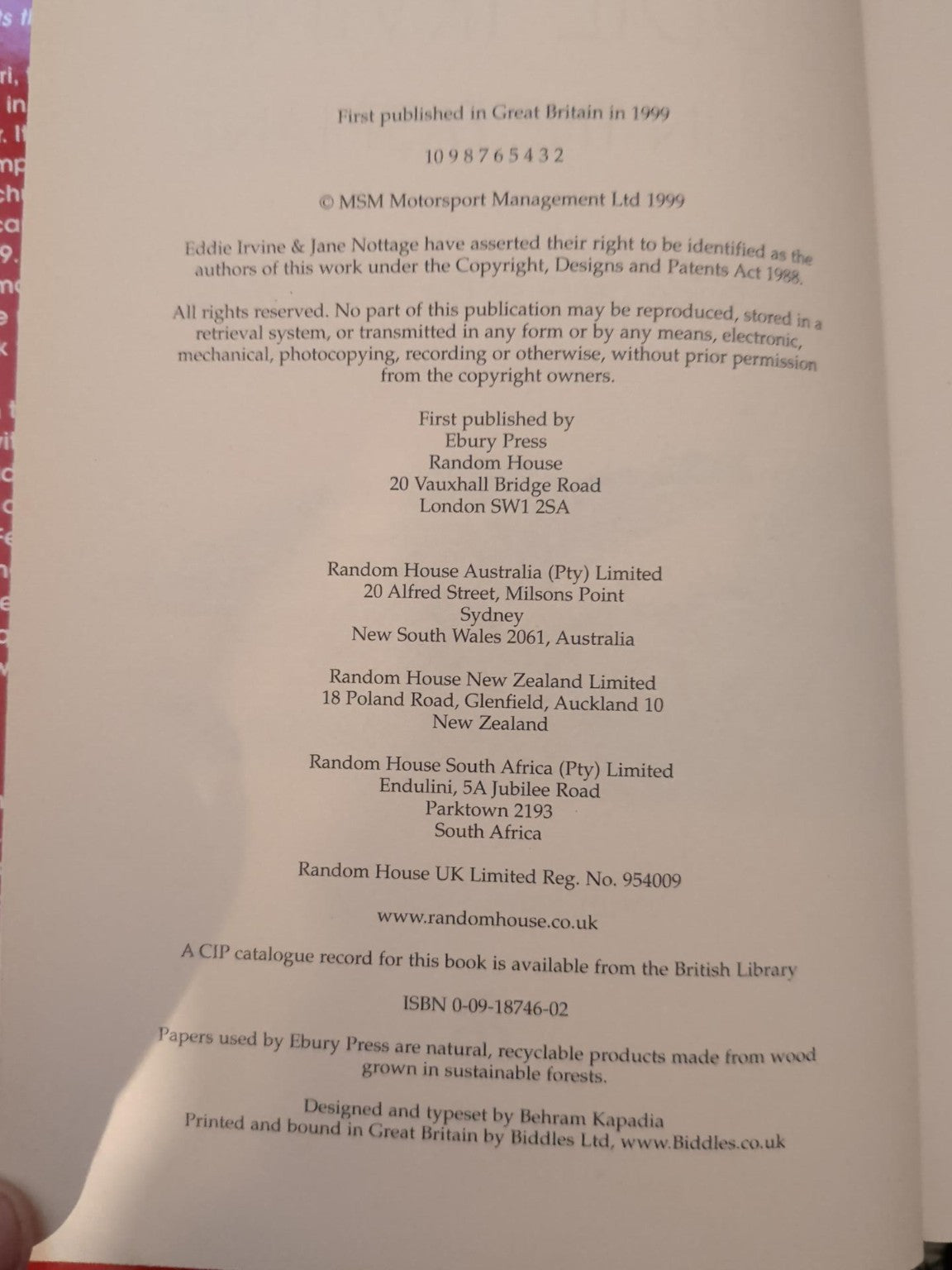 Eddie Irvine Life in the Fast Lane copyright page second impression 1999