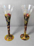 Pair of Irimea hand decorated multicolour and gold art glass champagne flutes