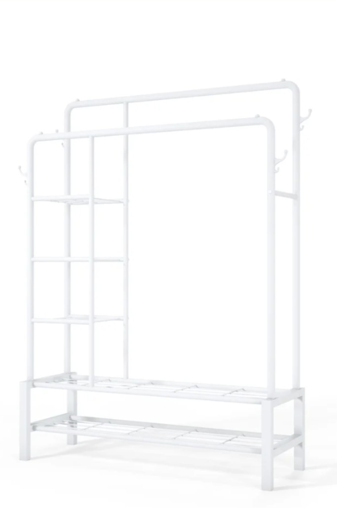 Klass Home white double clothes rail with shelves and shoe rack, product-only image