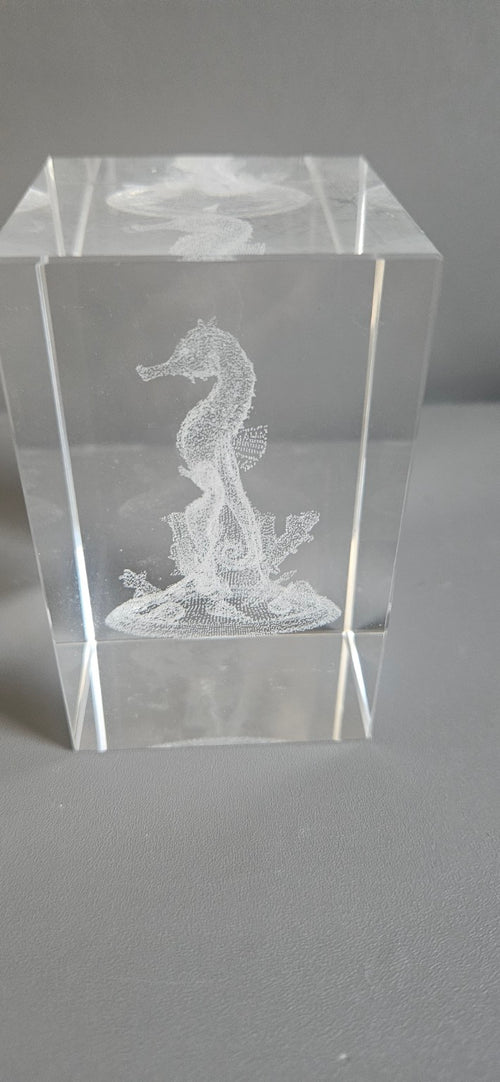 Laser-etched glass seahorse ornament