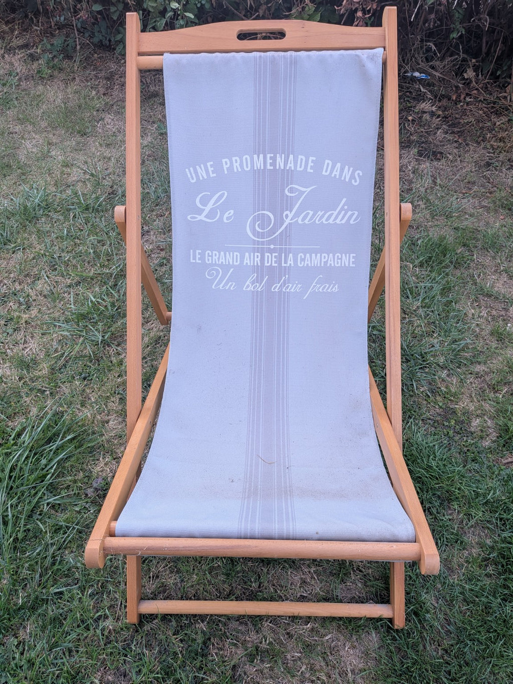 Le Jardin wooden folding deck chair front view showing condition