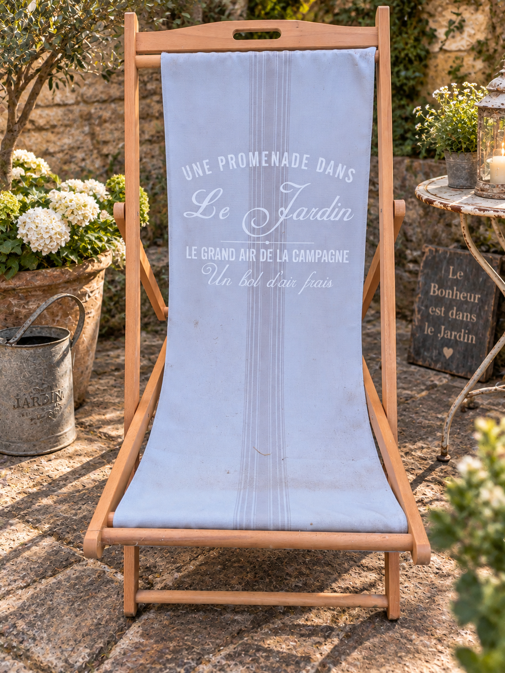 French style wooden folding deck chair with grey Le Jardin fabric