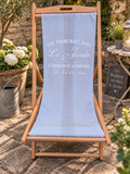 French style wooden folding deck chair with grey Le Jardin fabric