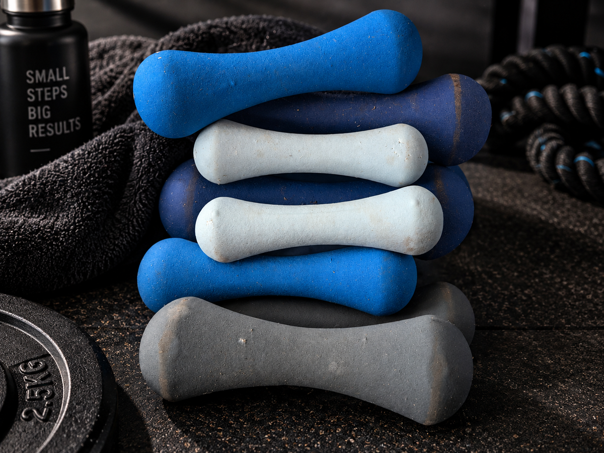 Mixed set of used blue grey and light blue neoprene hand weights