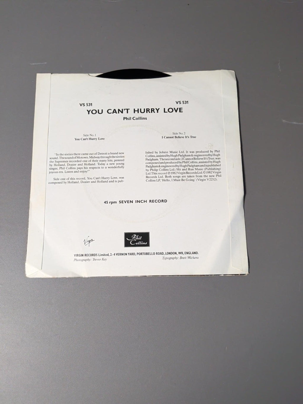 Phil Collins You Can't Hurry Love VS 531 picture sleeve reverse