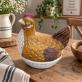 Portuguese ceramic hen lidded dish styled in a farmhouse kitchen