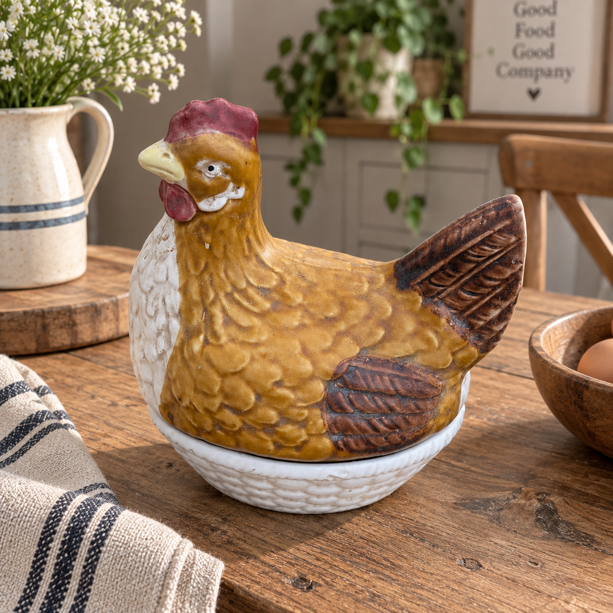 Portuguese ceramic hen lidded dish styled in a farmhouse kitchen