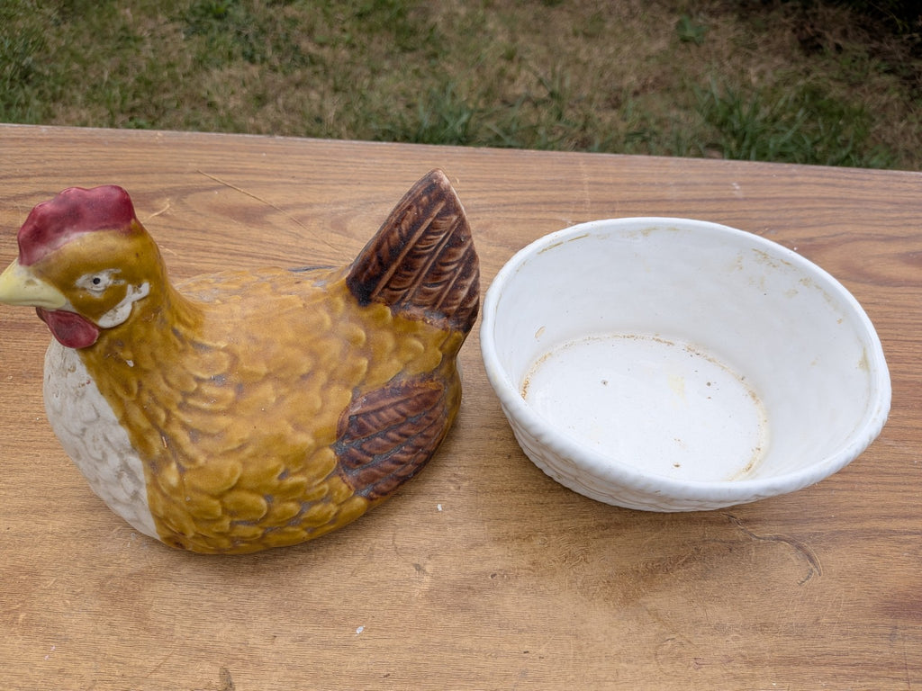 Portuguese ceramic hen lidded dish shown open with ceramic bowl