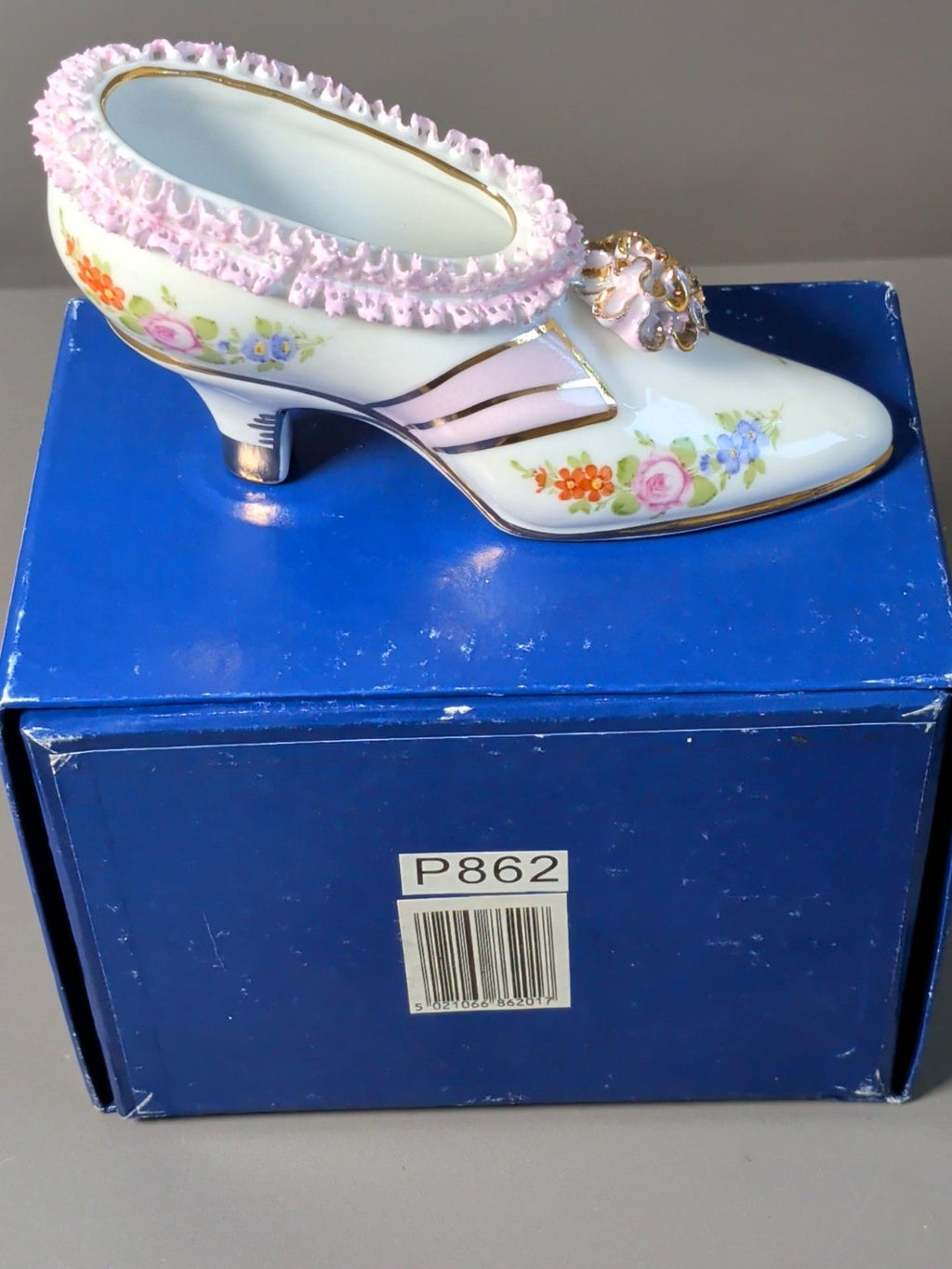Regal Porcelain P862 floral shoe ornament reverse side with box label