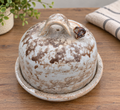 Rustic speckled ceramic covered butter dish with mouse detail