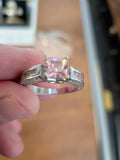S925 sterling silver ring with square pale pink centre stone