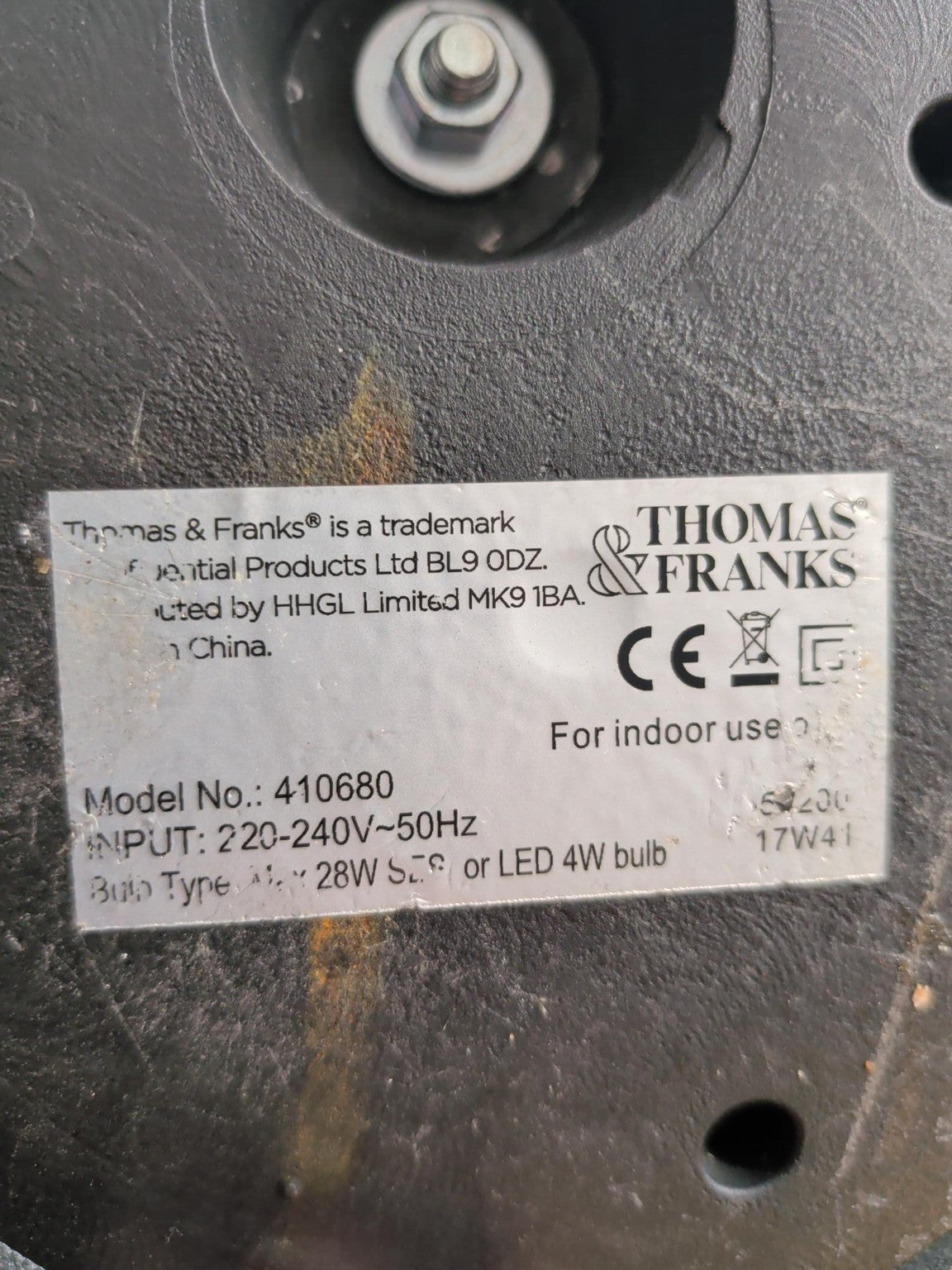 Thomas & Franks desk lamp model 410680 specification label