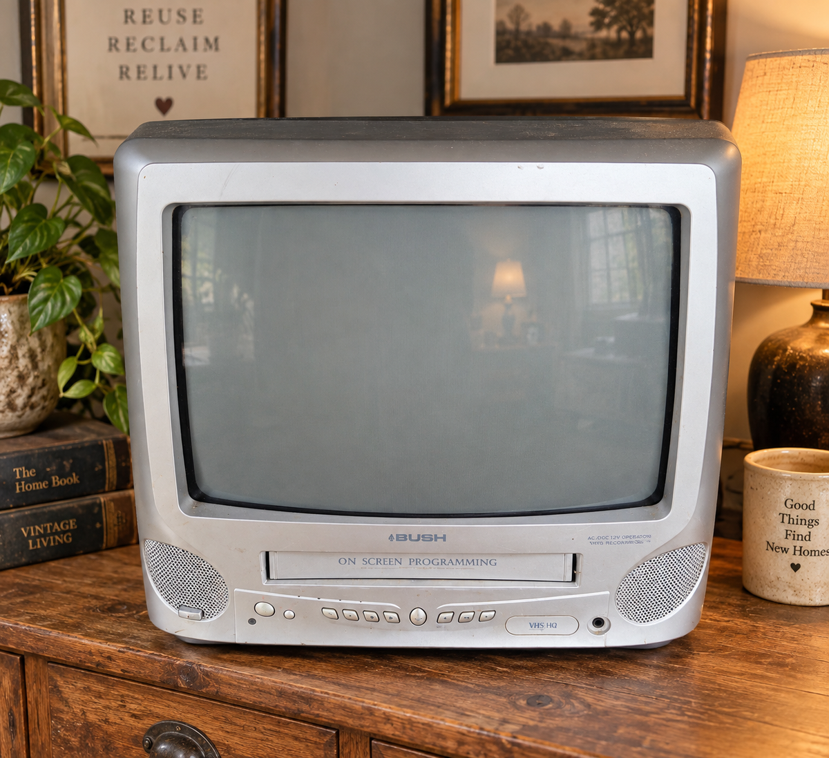 Vintage Bush CRT television with built-in VHS player in a modern vintage interior