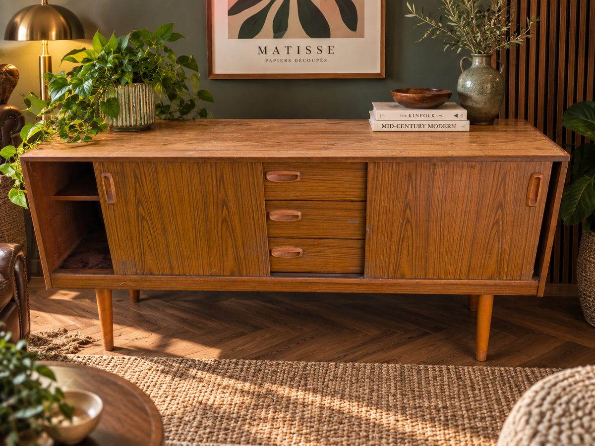 Styled lifestyle image of vintage mid-century style sideboard