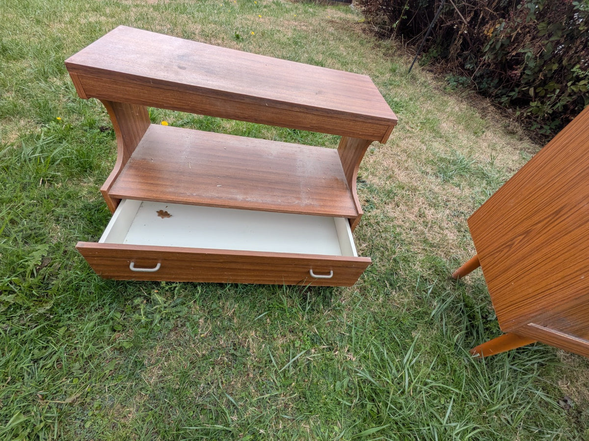 Vintage wooden TV stand with drawer open showing interior and condition