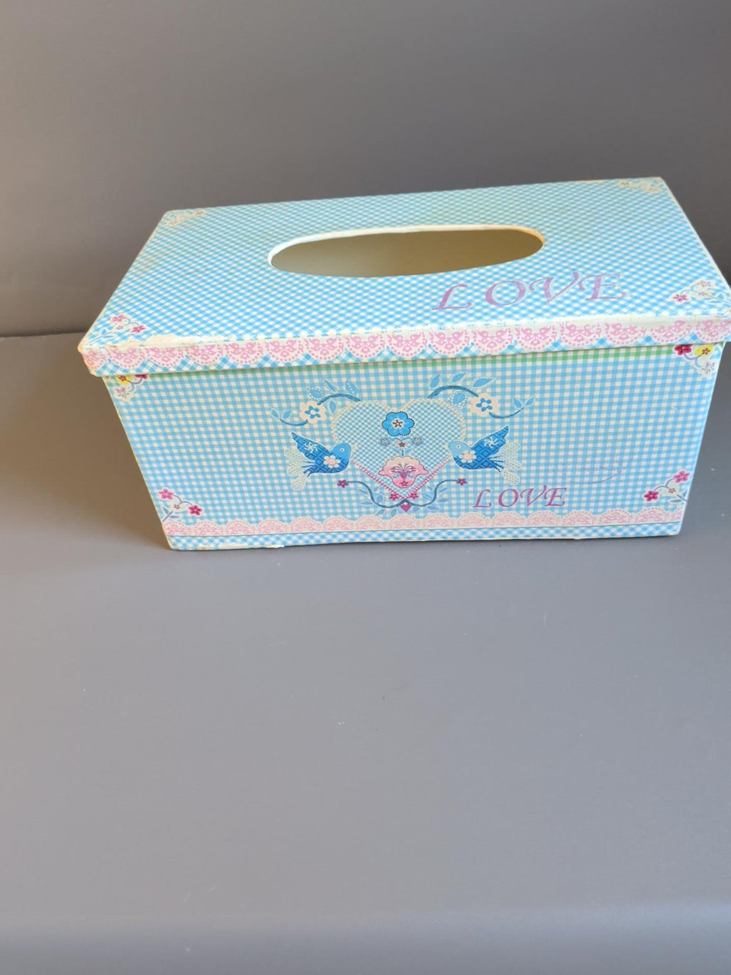 Pre-loved vintage-style metal tissue box cover with blue gingham floral LOVE design