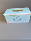 Pre-loved vintage-style metal tissue box cover with blue gingham floral LOVE design