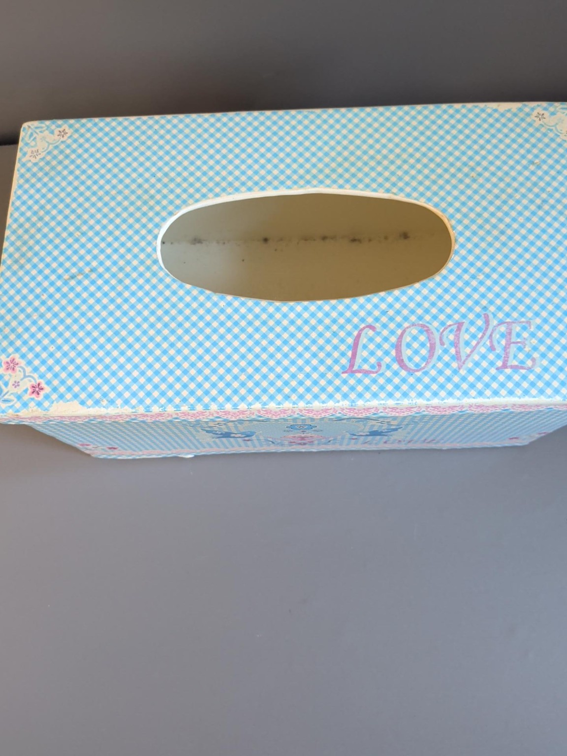 Top and interior view showing age-related wear on LOVE metal tissue box cover