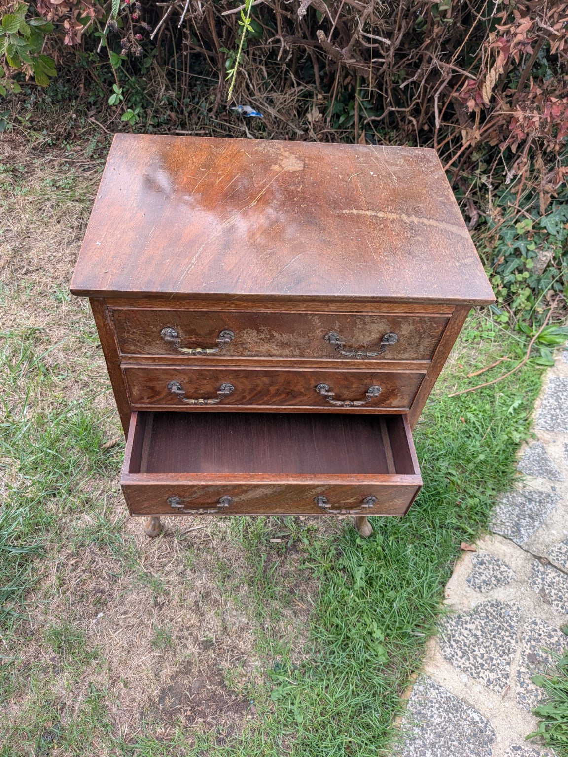 Actual vintage wooden chest showing drawer open and overall condition