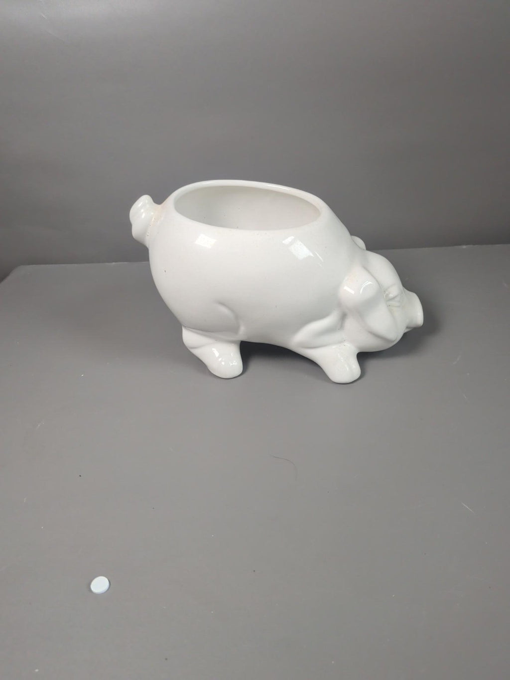 White ceramic pig planter side view