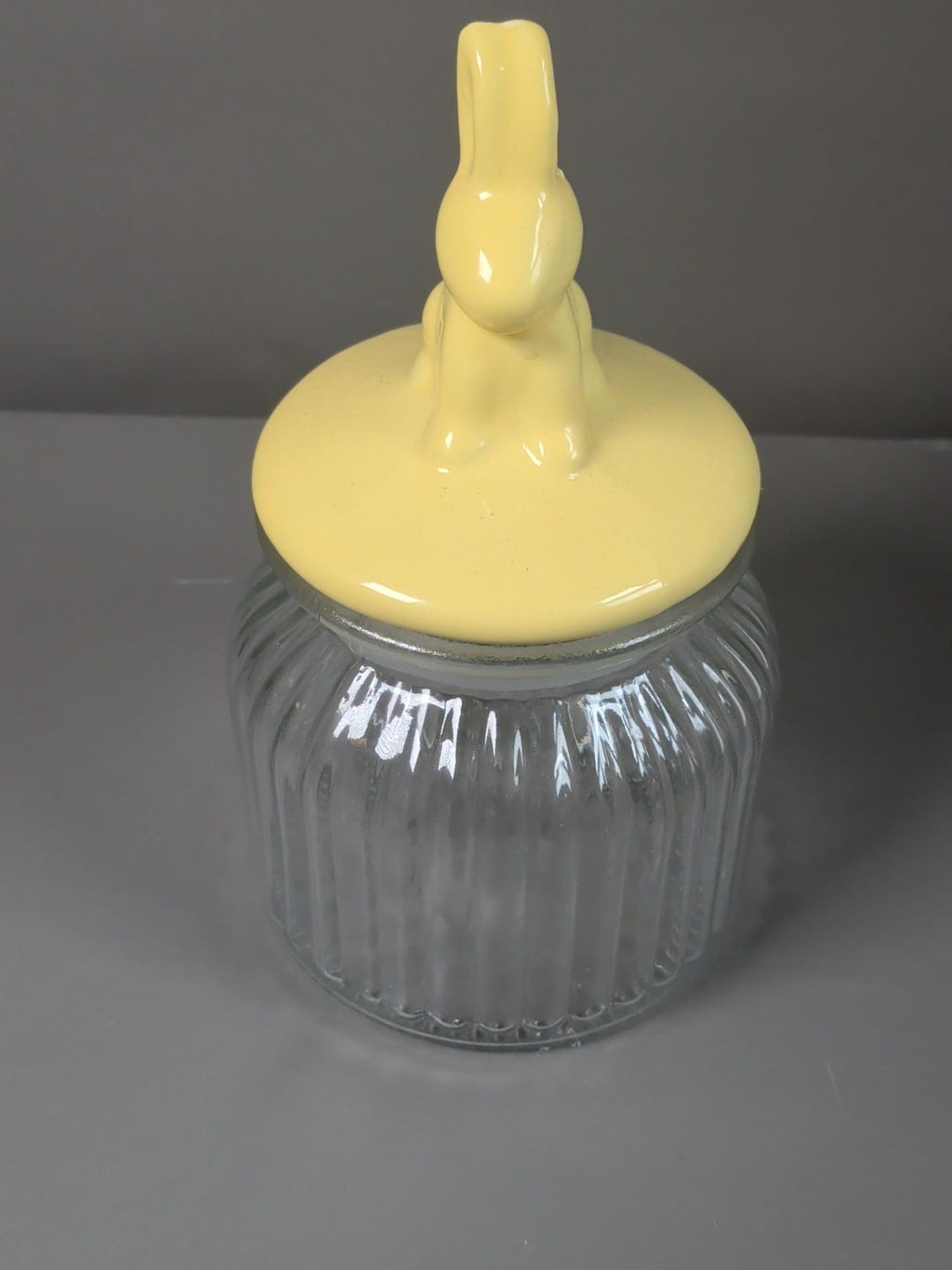 Yellow rabbit ceramic lid glass storage jar front view